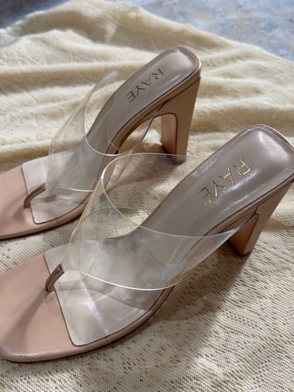 RAYE Clear-Strap Nude Block Heel Mules